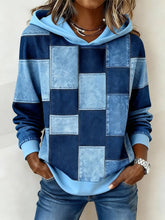 Damen Winter Hoodie Sweatshirt Patchwork Blau Kapuze Warm