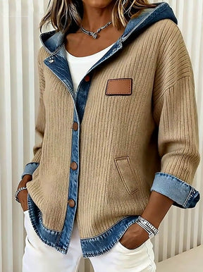 Winter Damen Patchwork Jacke mit Kapuze Beige Denim Warm