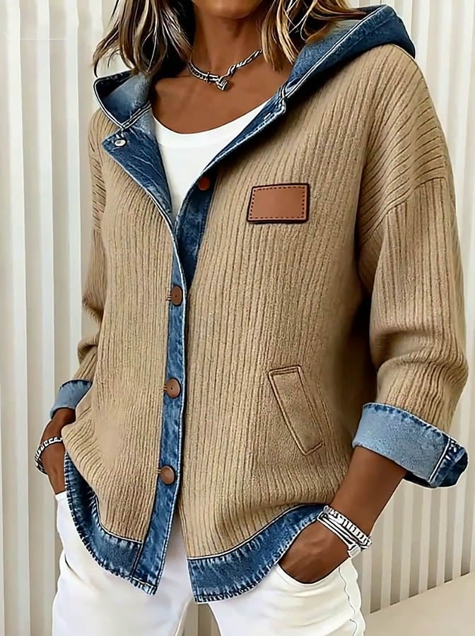 Winter Damen Patchwork Jacke mit Kapuze Beige Denim Warm