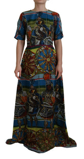 Dolce & Gabbana Multicolor Sicily Seide A-Linie Langes Kleid