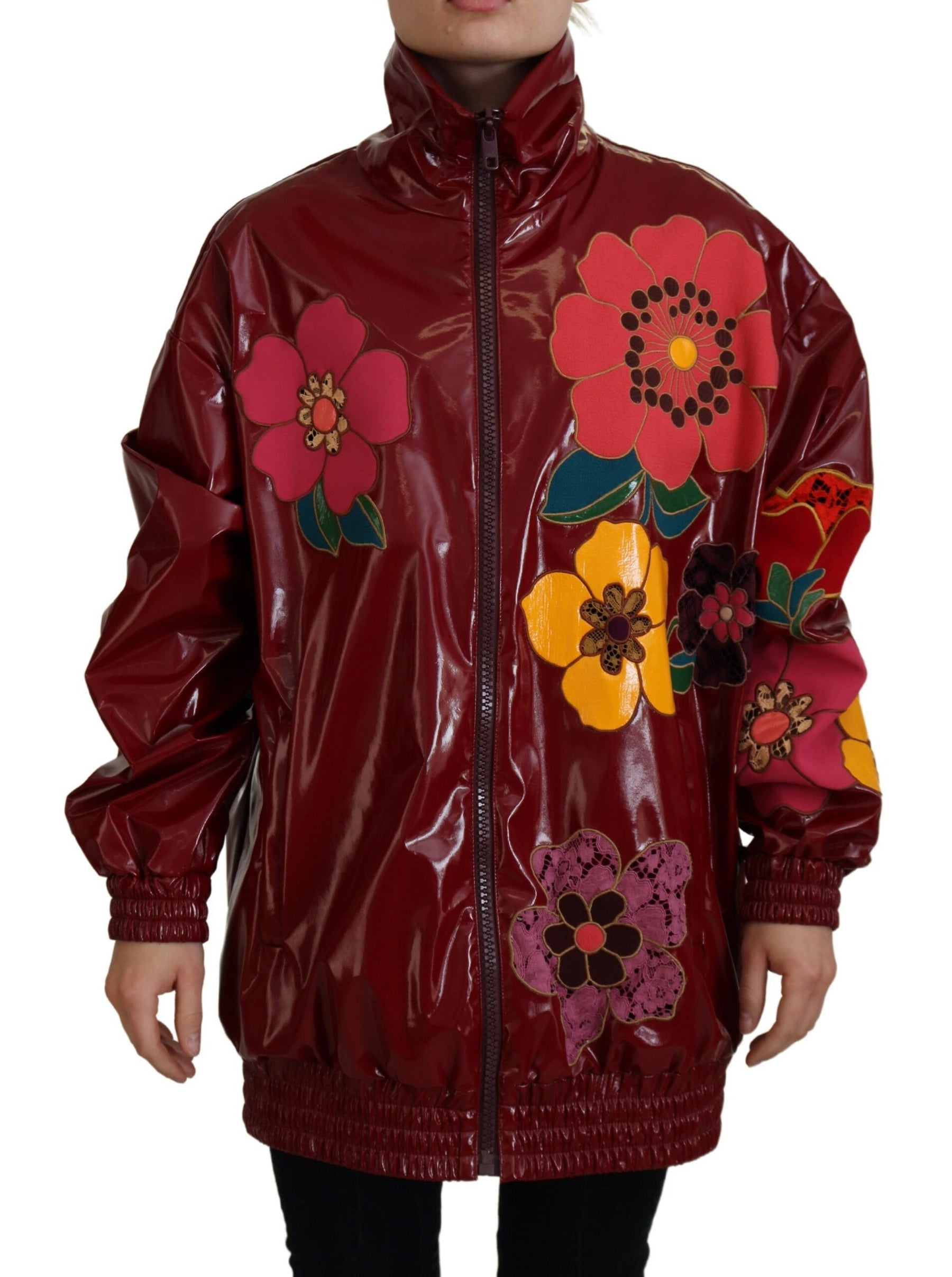 Dolce & Gabbana Maroon Floral Full Zip Polyester Damen Jacke