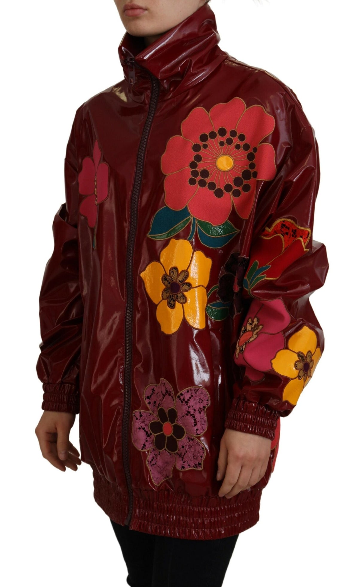 Dolce & Gabbana Maroon Floral Full Zip Polyester Damen Jacke