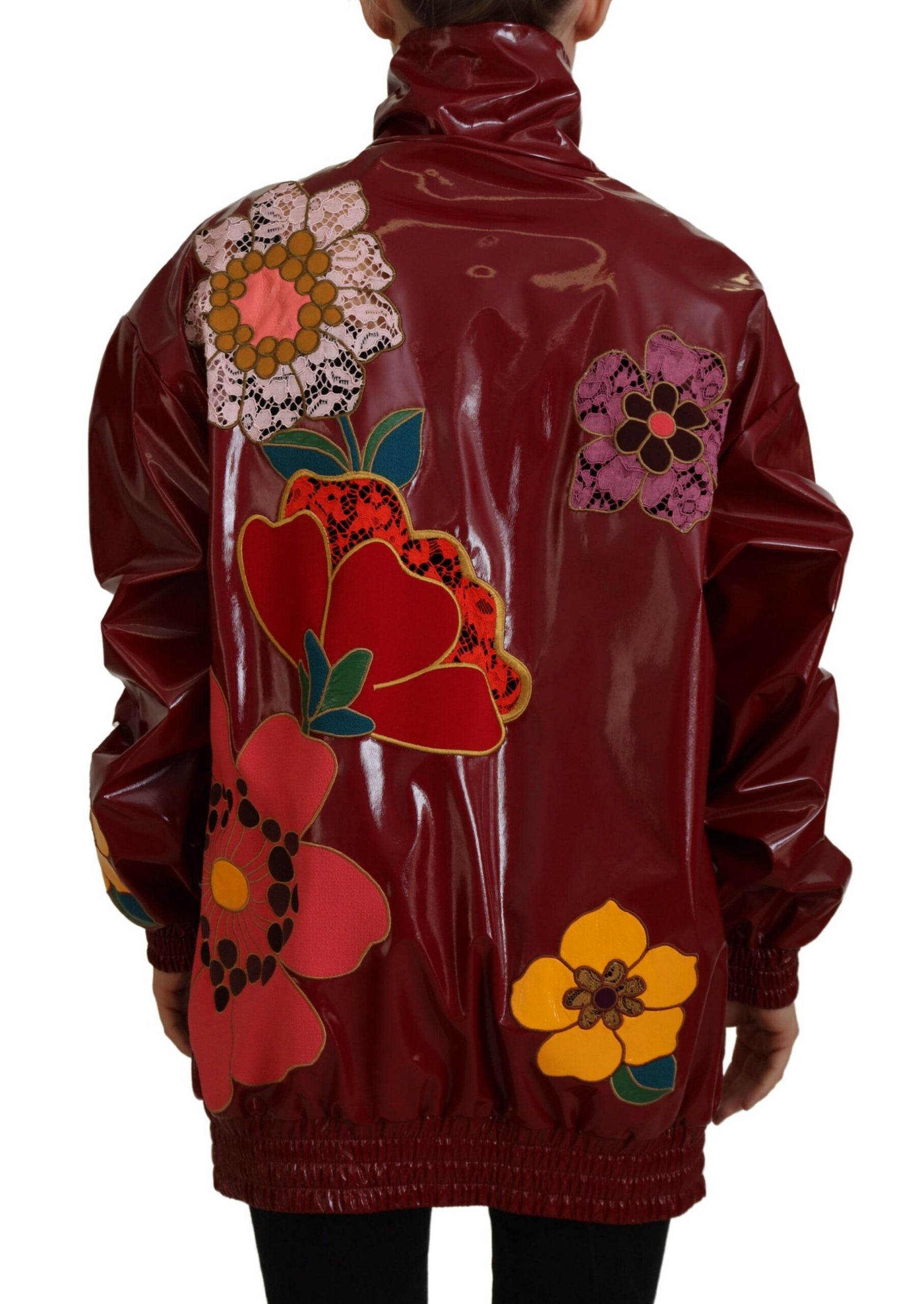 Dolce & Gabbana Maroon Floral Full Zip Polyester Damen Jacke