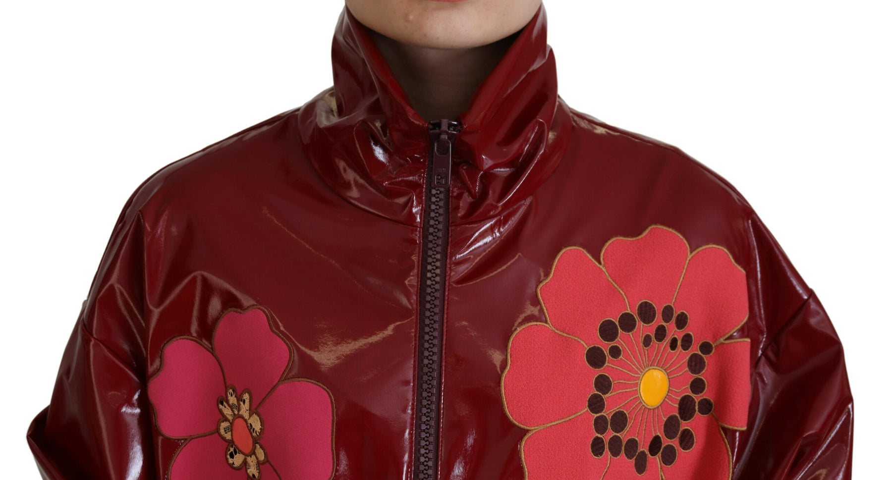 Dolce & Gabbana Maroon Floral Full Zip Polyester Damen Jacke