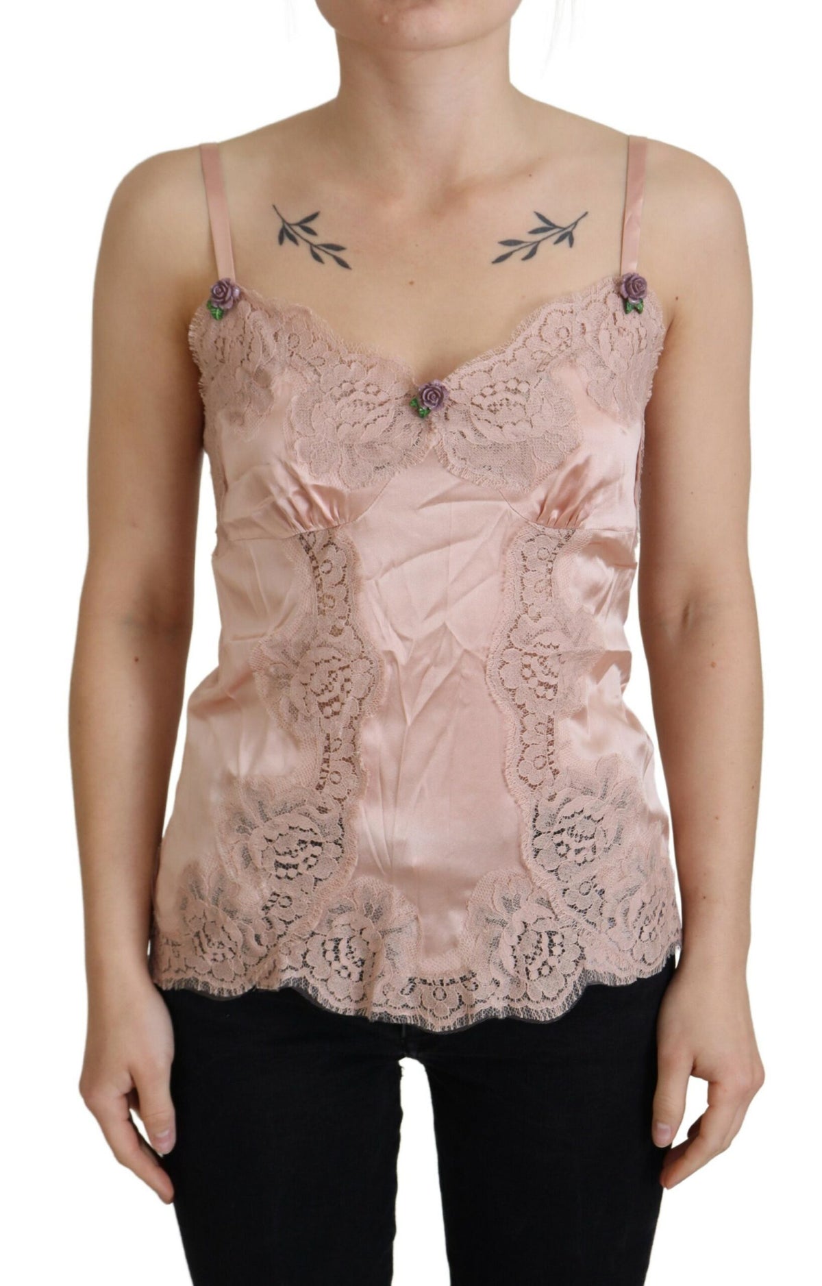 Dolce & Gabbana Rosa Satin Spitze Rosen Tank Top Lingerie