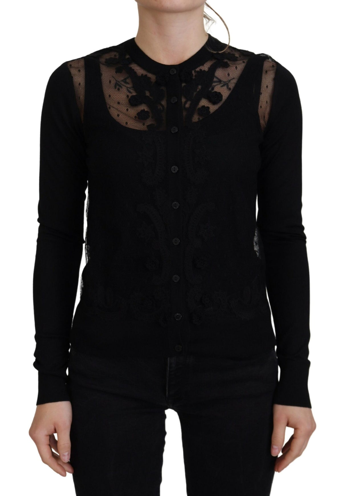 Dolce & Gabbana Schwarzer Strickpullover mit floraler Spitze und Knopfleiste