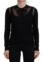 Dolce & Gabbana Schwarzer Strickpullover mit floraler Spitze und Knopfleiste