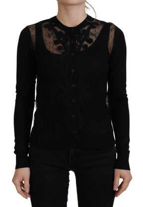 Dolce & Gabbana Schwarzer Strickpullover mit floraler Spitze und Knopfleiste