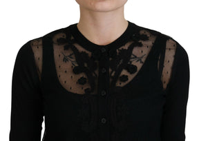 Dolce & Gabbana Schwarzer Strickpullover mit floraler Spitze und Knopfleiste