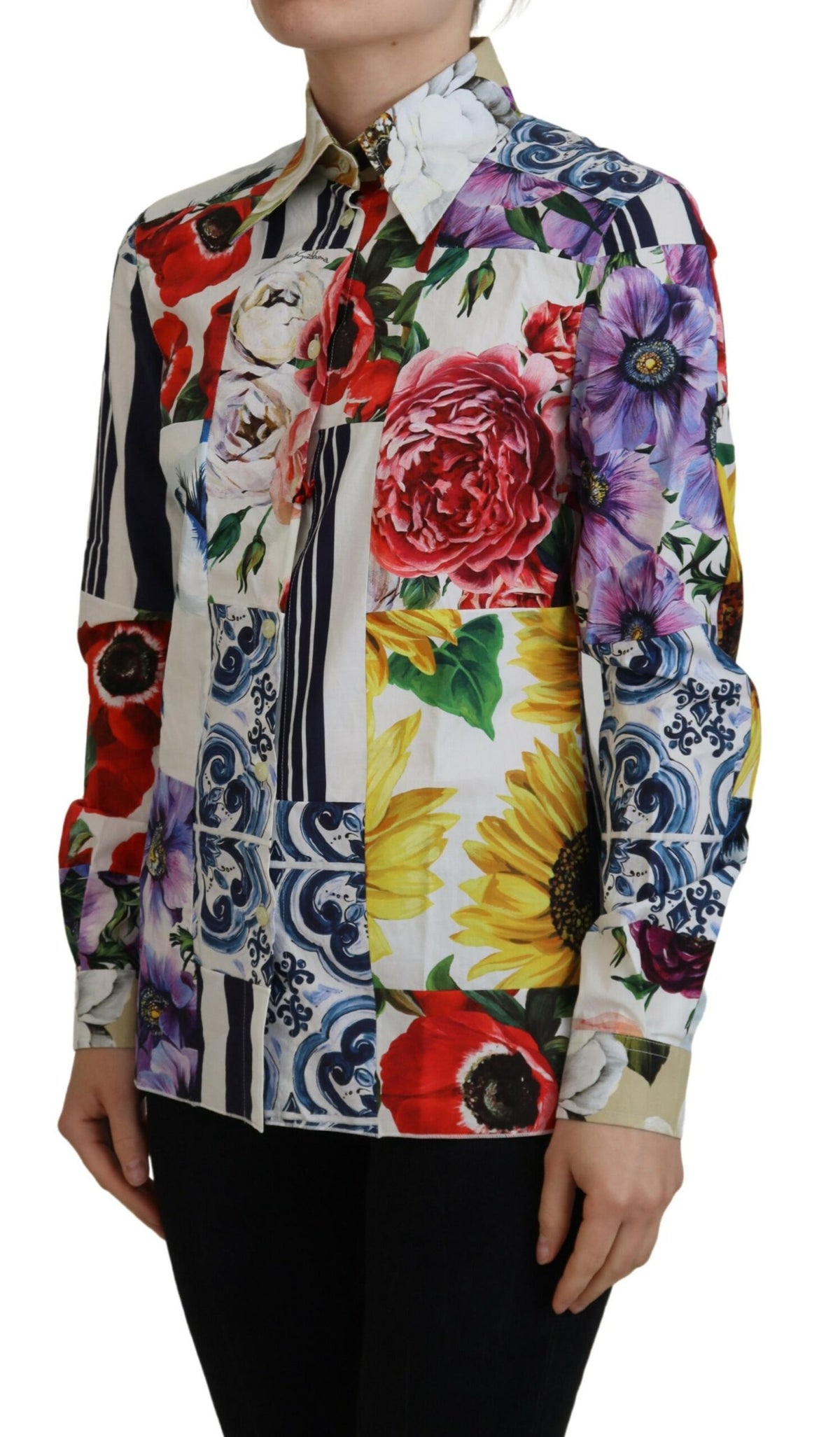Dolce & Gabbana Multicolor Floral Baumwollbluse mit Kragen