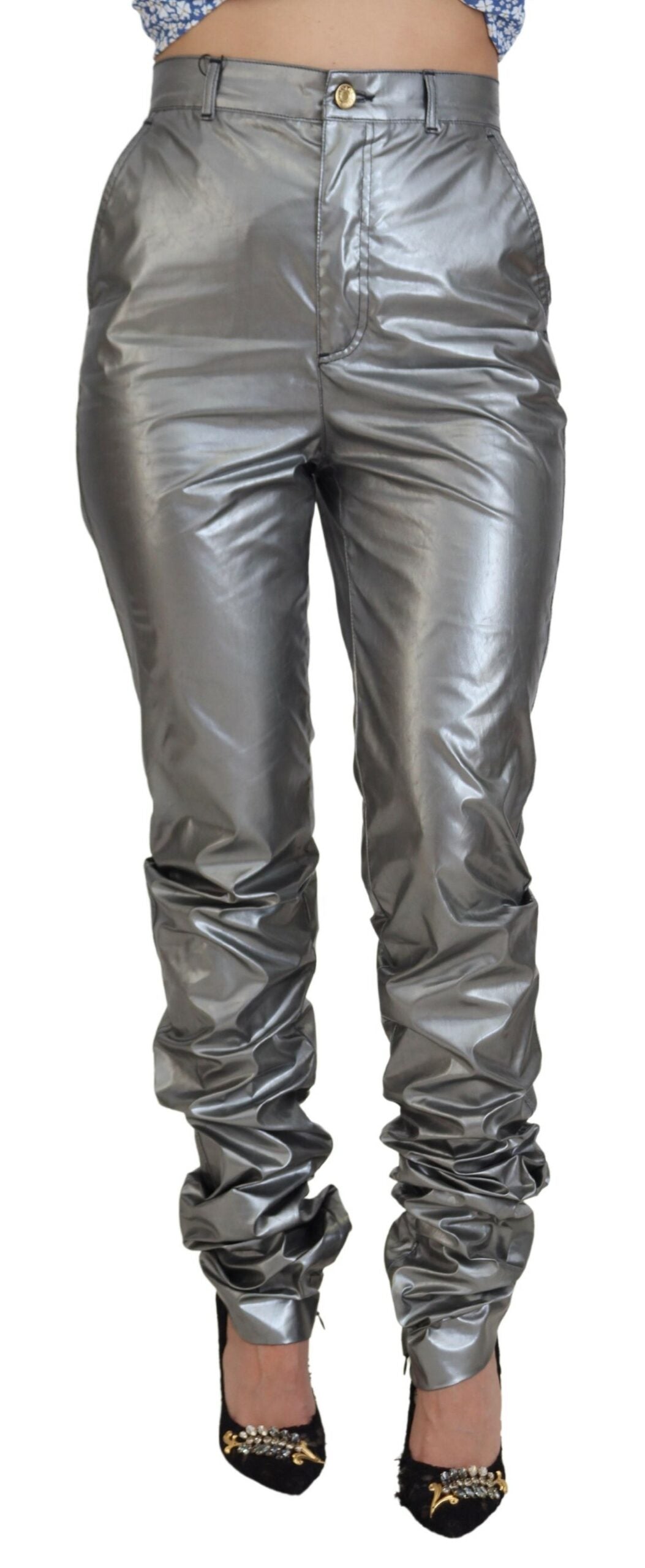 Dolce & Gabbana Metallic-Silberne Skinny-Hose mit hoher Taille