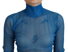 Dolce & Gabbana Blaues Netz-Rollkragen-Langarmblusen-Top