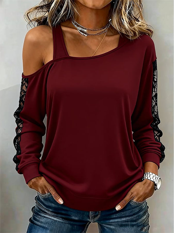 Bordeaux One Shoulder Winter Shirt mit Spitze Damen Casual