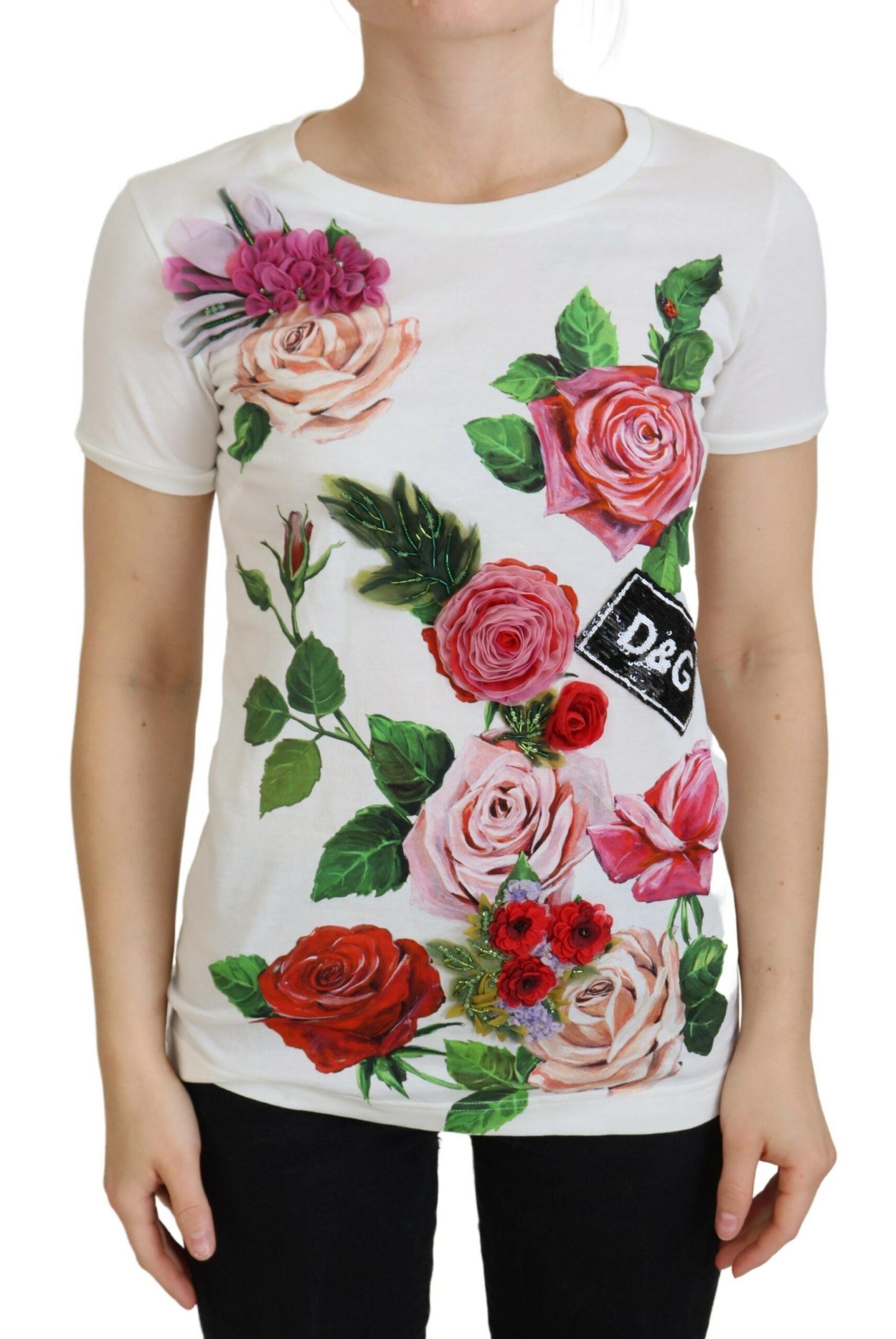 Dolce & Gabbana Weiße Rose DGLogo Bedrucktes Kurzarm-Top