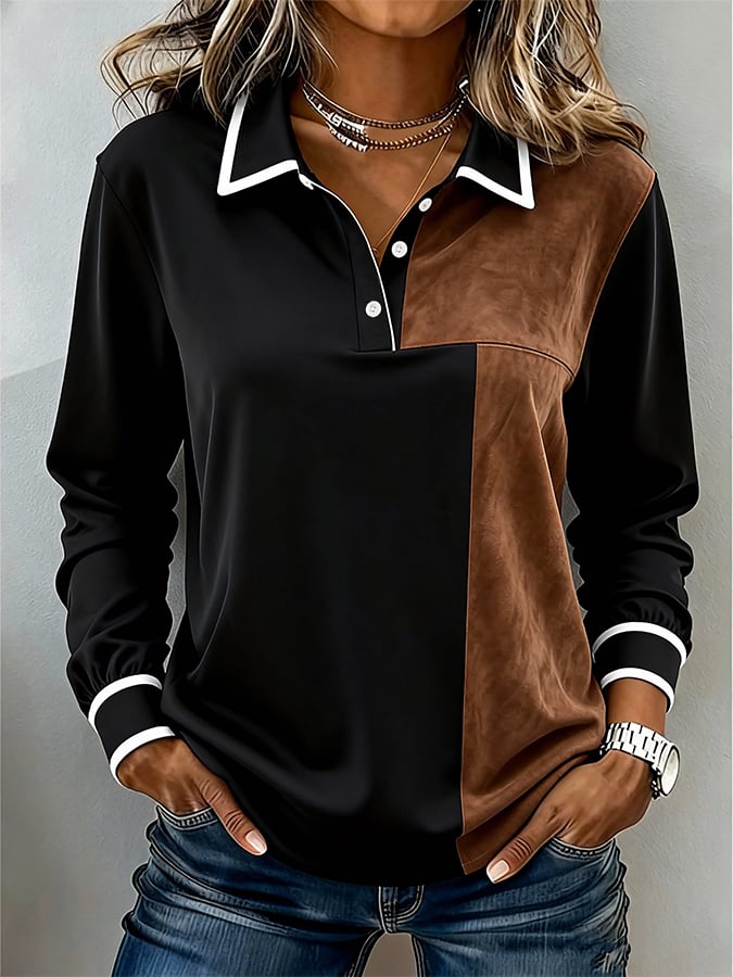 Damen Winter Colorblock Bluse Schwarz Karamell langarm warm