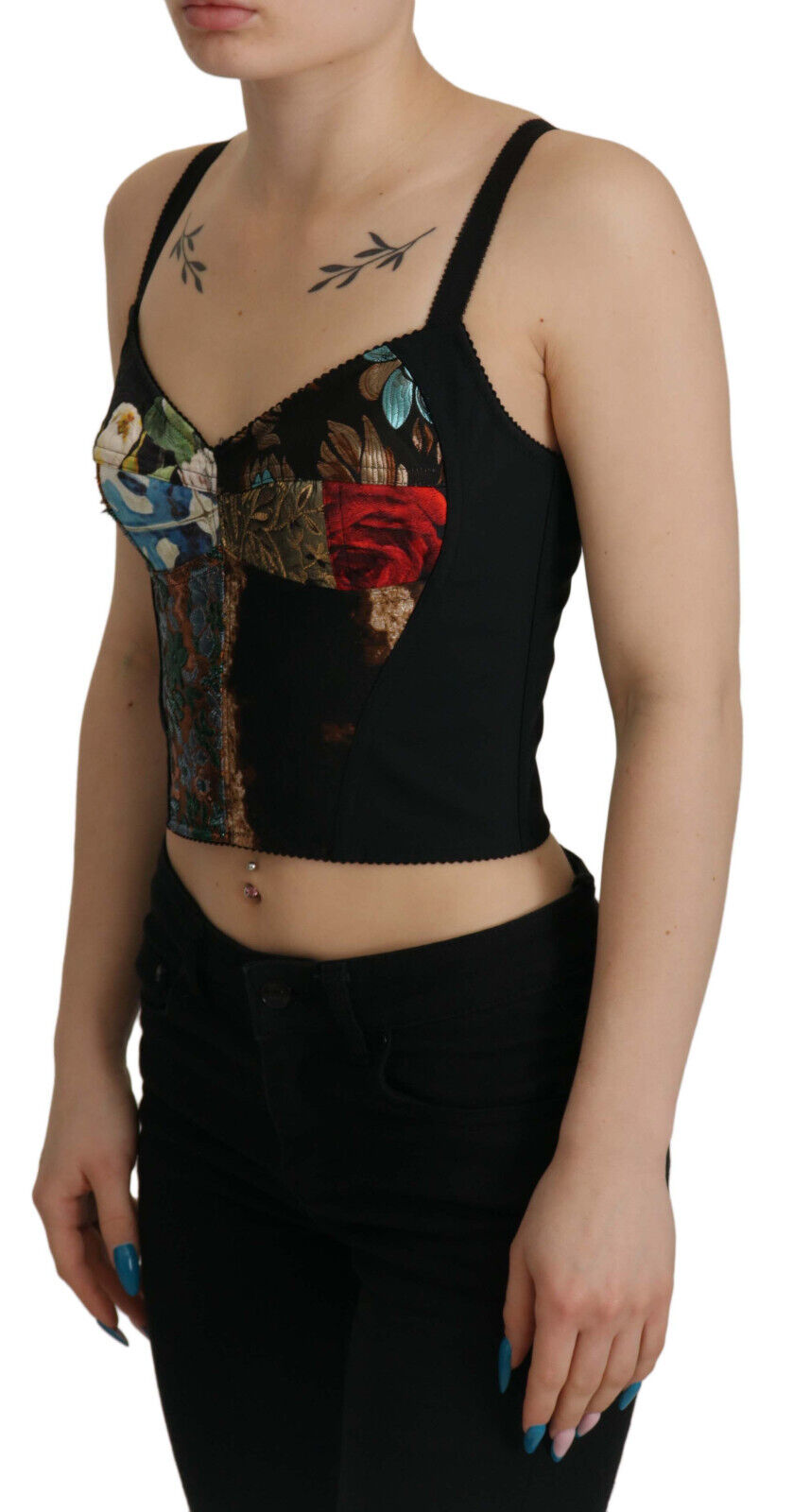 Dolce & Gabbana Schwarzes Patchwork Sizilien Bluse Korsett Cropped Top