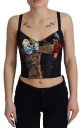 Dolce & Gabbana Schwarzes Patchwork Sizilien Bluse Korsett Cropped Top