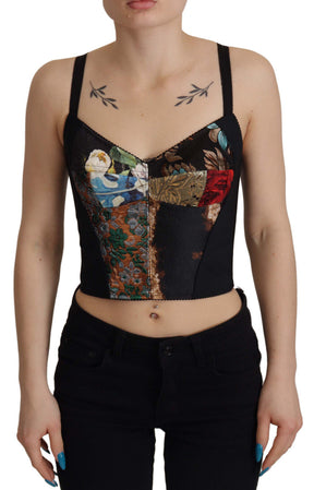 Dolce & Gabbana Schwarzes Patchwork Sizilien Bluse Korsett Cropped Top