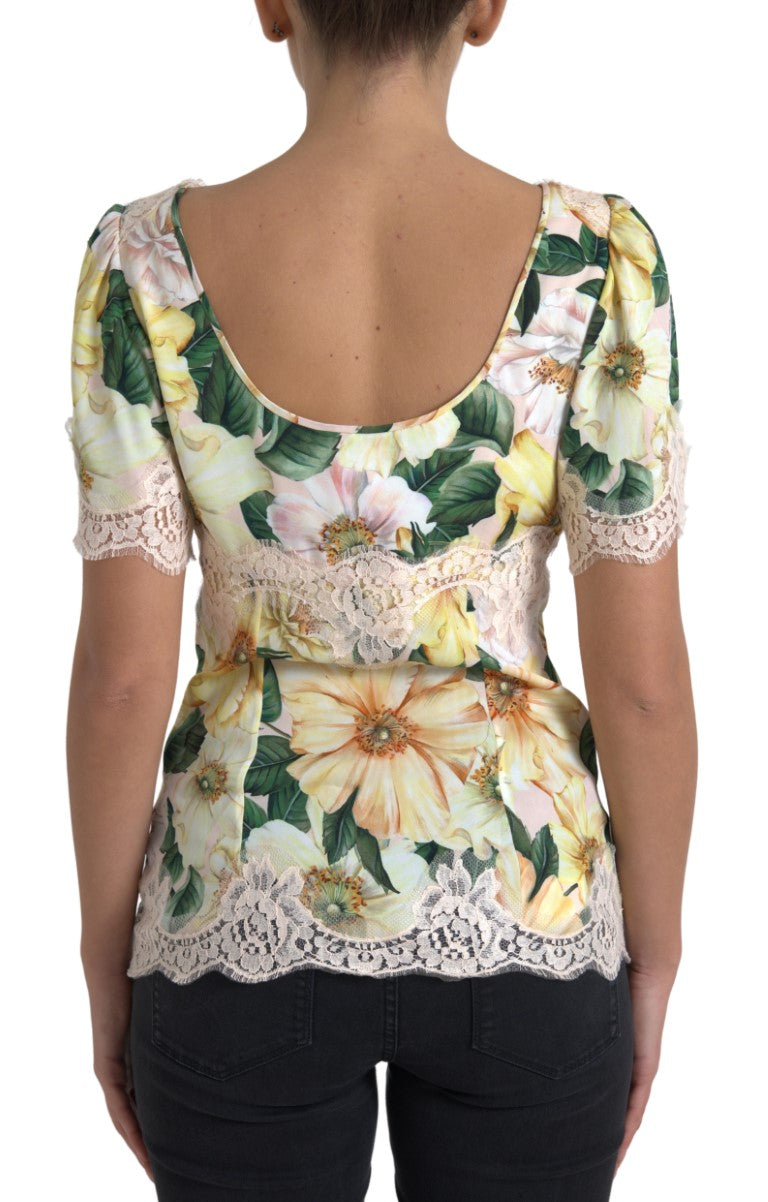 Dolce & Gabbana Multicolor Floral Spitze V-Ausschnitt Bluse