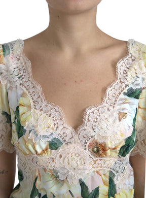 Dolce & Gabbana Multicolor Floral Spitze V-Ausschnitt Bluse