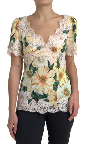 Dolce & Gabbana Multicolor Floral Spitze V-Ausschnitt Bluse