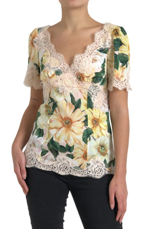 Dolce & Gabbana Multicolor Floral Spitze V-Ausschnitt Bluse