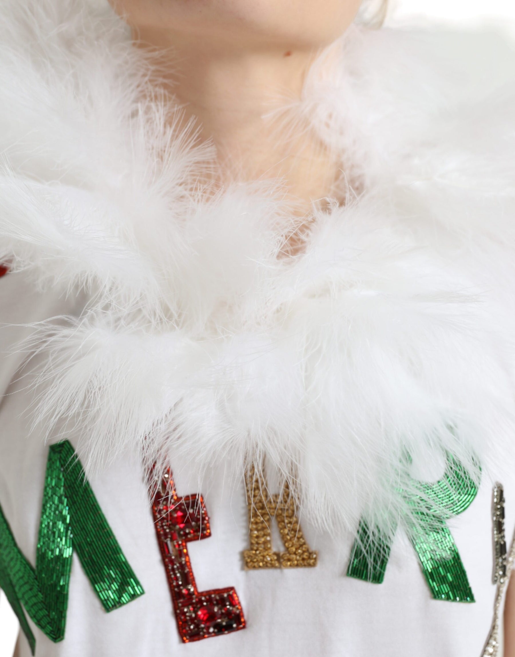 Dolce & Gabbana Weißes Baumwoll-Weihnachts-T-Shirt mit Paillettenpelz