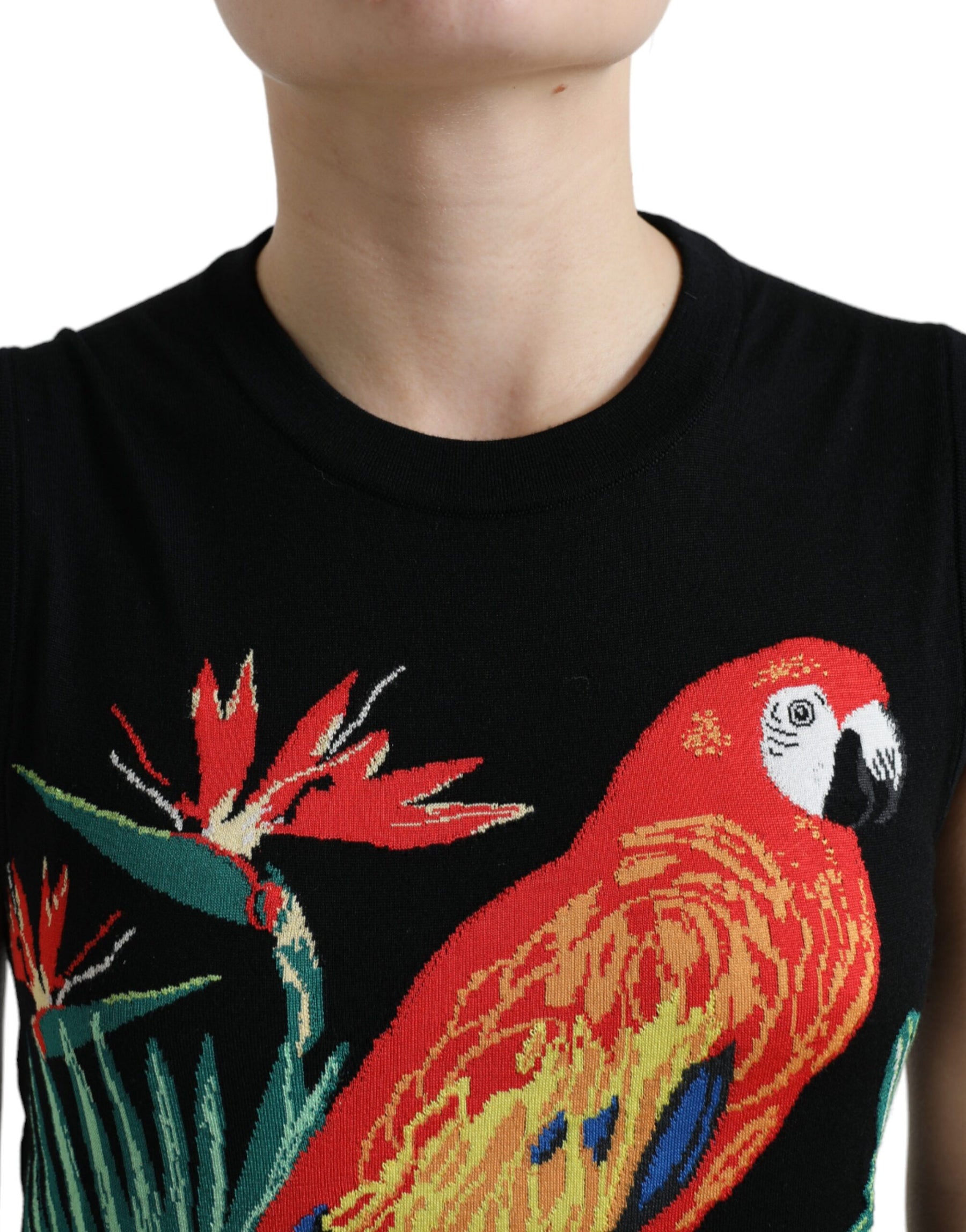 Dolce & Gabbana Schwarzer Vogel Wolle stricken ärmelloses Tank-T-Shirt