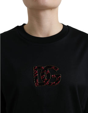 Dolce & Gabbana Schwarzes Baumwoll-T-Shirt DG Crystal Crewneck Tee