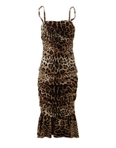 Dolce & Gabbana Braunes Midikleid mit Leopardenmuster und Rüschen