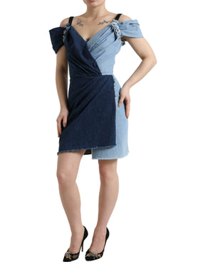 Dolce & Gabbana Blaues Patchwork-Minikleid aus zweifarbigem Denim