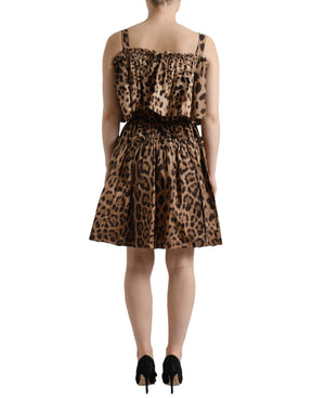 Dolce & Gabbana Braunes ärmelloses A-Linien-Kleid mit Leopardenmuster