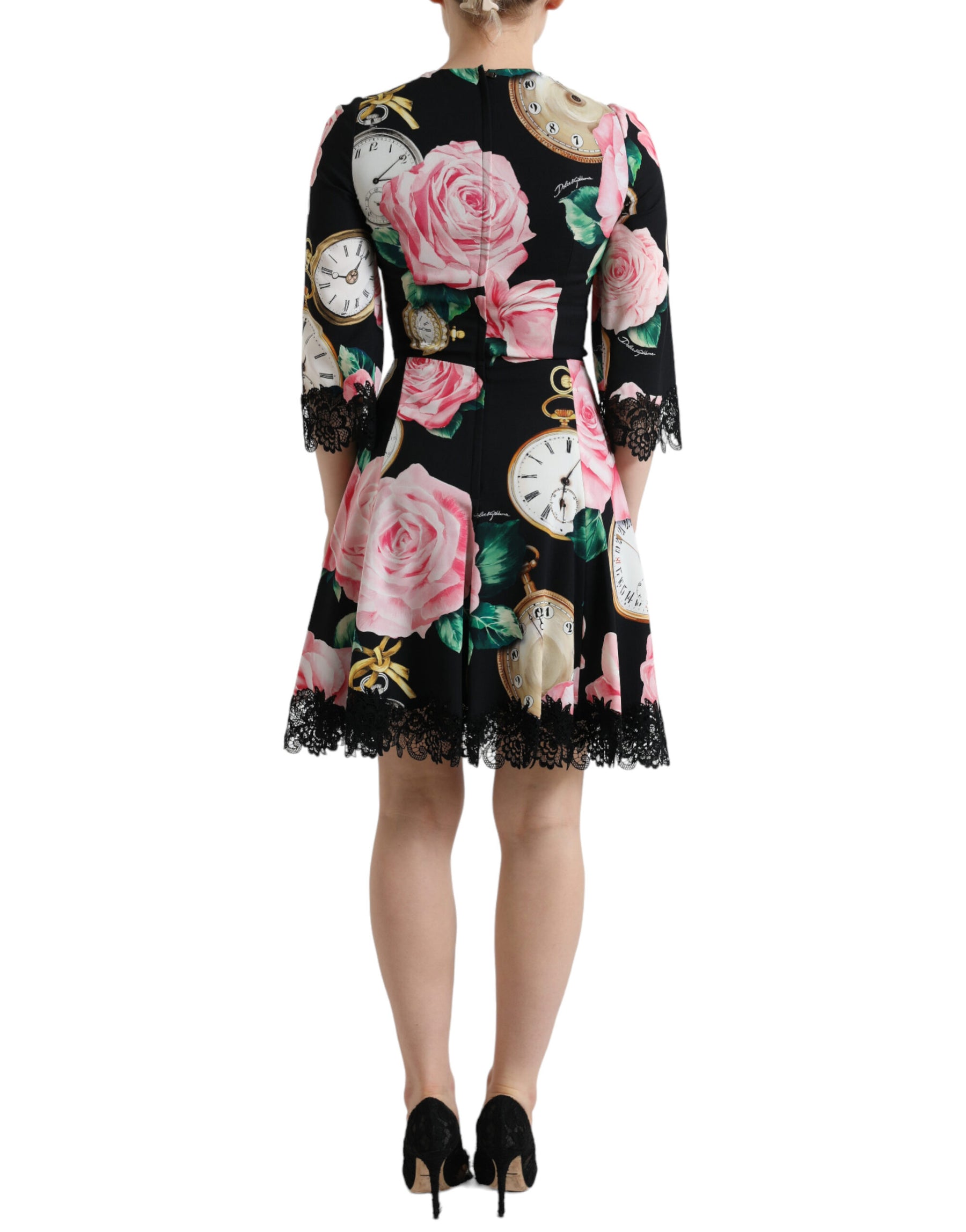 Dolce & Gabbana Schwarzes Kleid mit floraler Verzierung aus Spitze in A-Linie