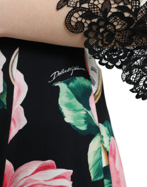 Dolce & Gabbana Schwarzes Kleid mit floraler Verzierung aus Spitze in A-Linie