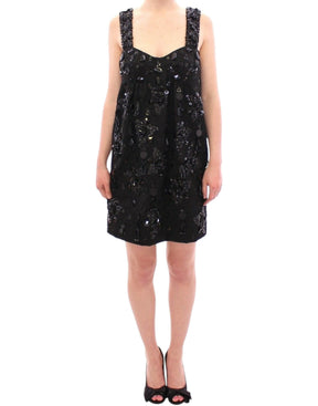 Dolce & Gabbana Schwarzes geblümtes, kristallbesetztes Kleid