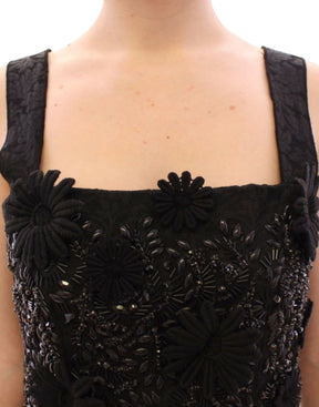 Dolce & Gabbana Schwarzes geblümtes, kristallbesetztes Kleid