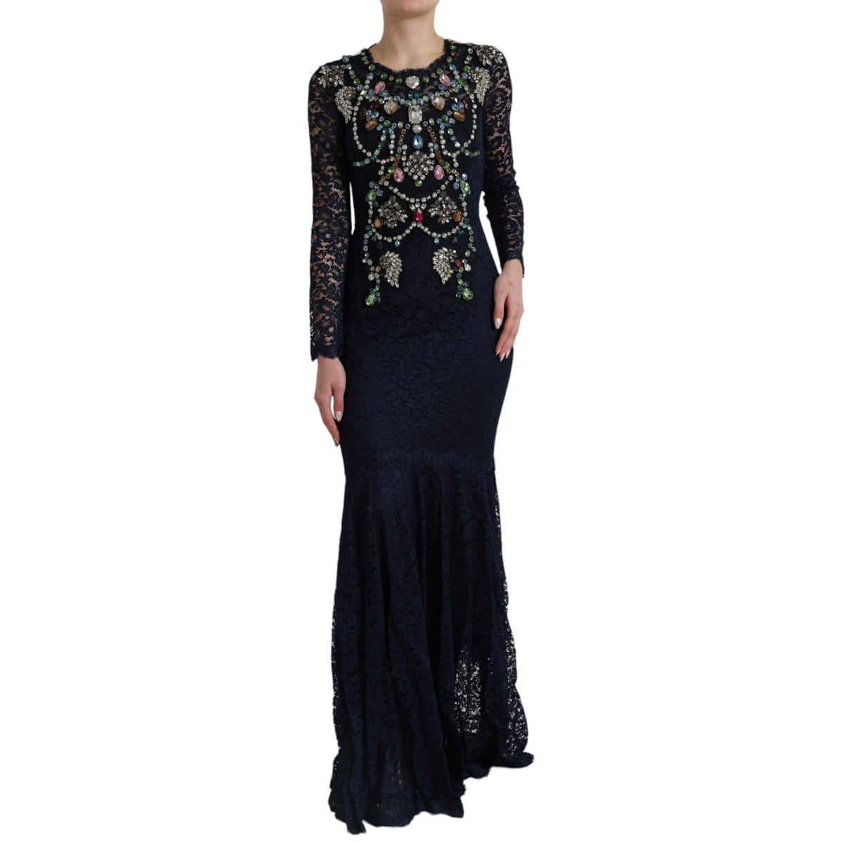 Dolce & Gabbana Blaues Kleid aus geblümter Spitze mit Kristall