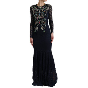 Dolce & Gabbana Blaues Kleid aus geblümter Spitze mit Kristall