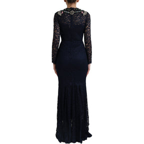 Dolce & Gabbana Blaues Kleid aus geblümter Spitze mit Kristall