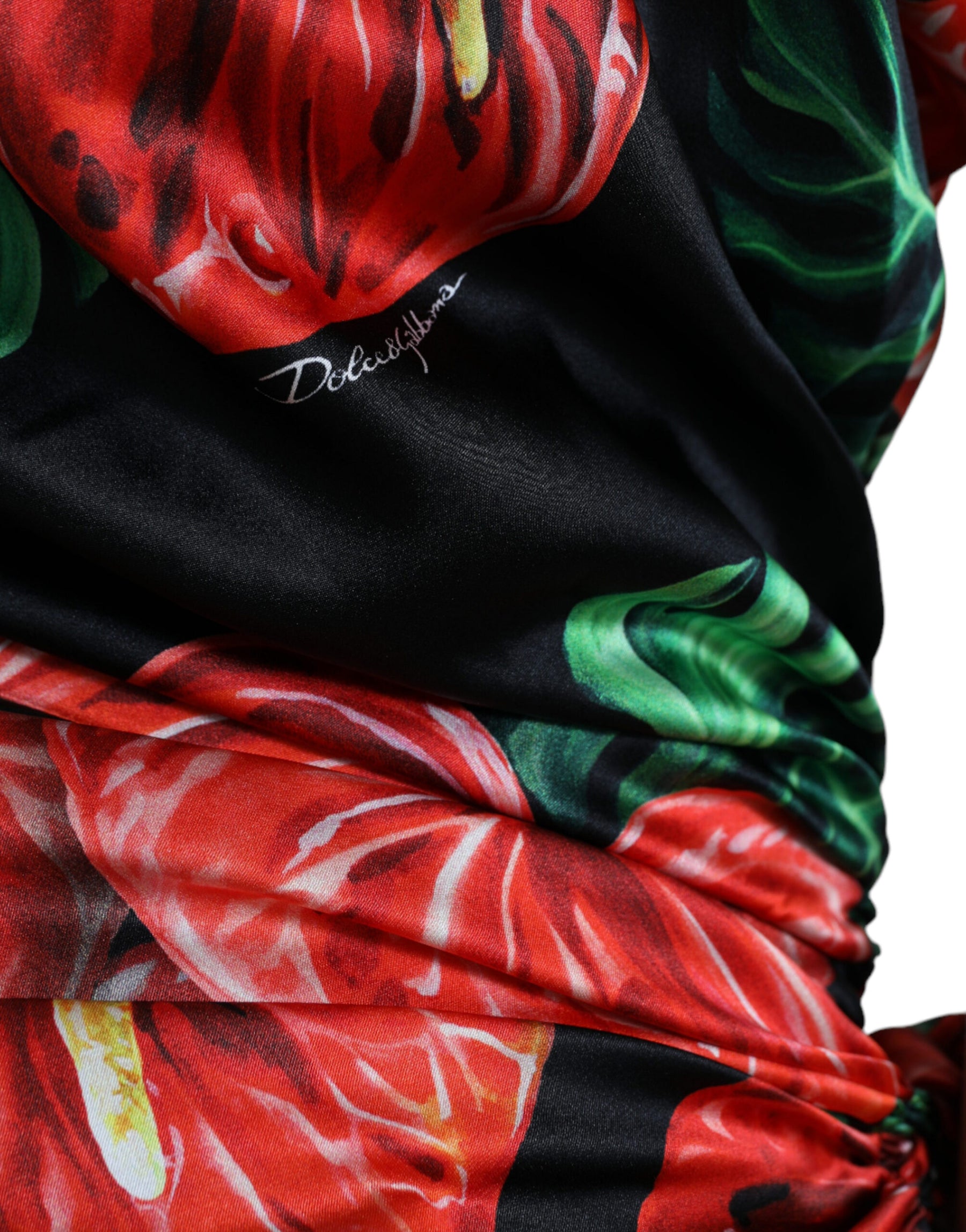 Dolce & Gabbana Schwarzes, glänzendes, geblümtes Seidenkleid mit Drapierung