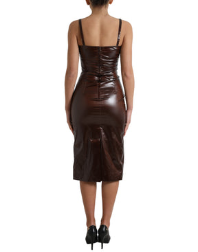Dolce & Gabbana Brauner glänzender Seidenmantel ärmelloses Bodycon Midikleid