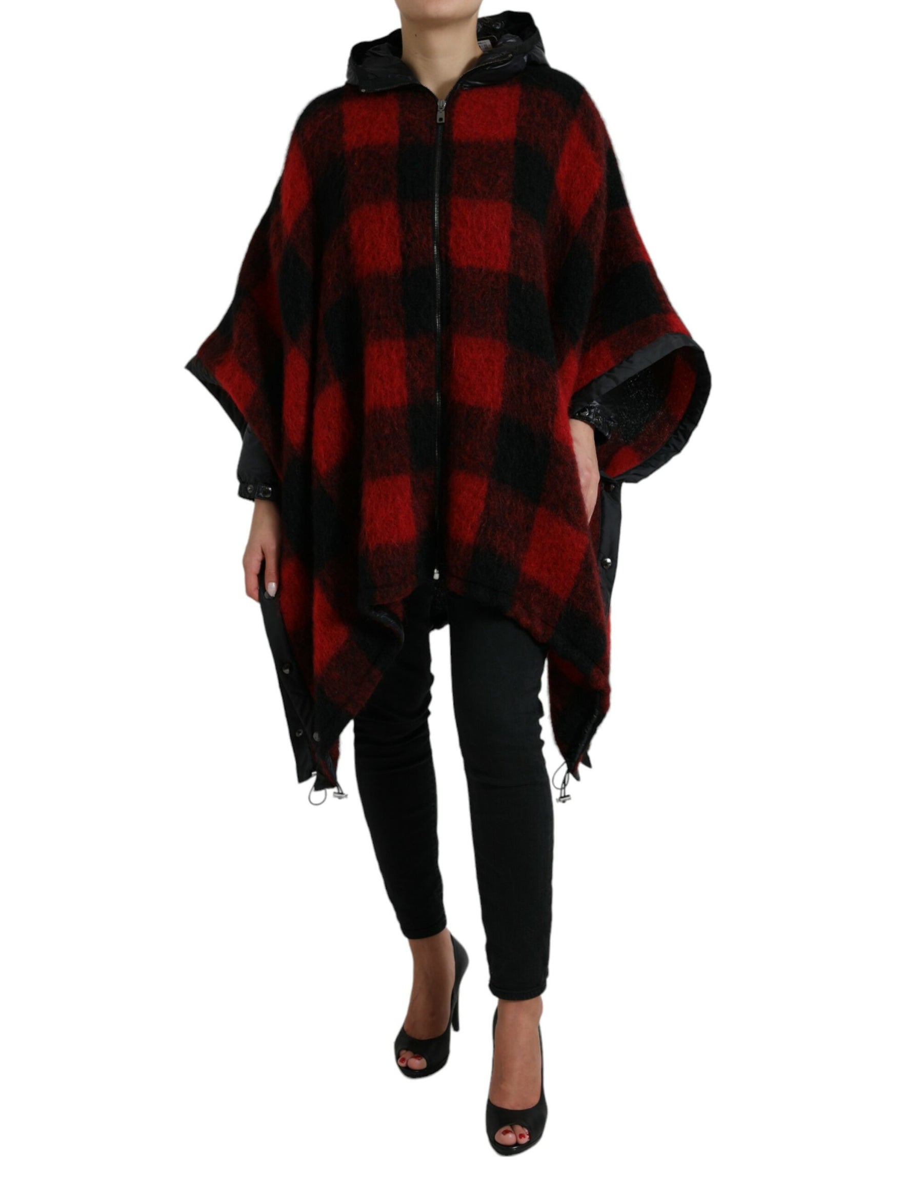 Dolce & Gabbana Schwarz Rot Büffelkaro Poncho Jacke mit Kapuze