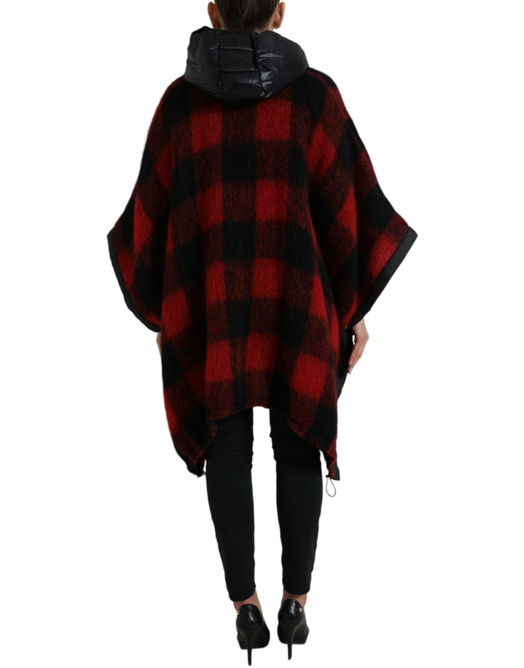 Dolce & Gabbana Schwarz Rot Büffelkaro Poncho Jacke mit Kapuze