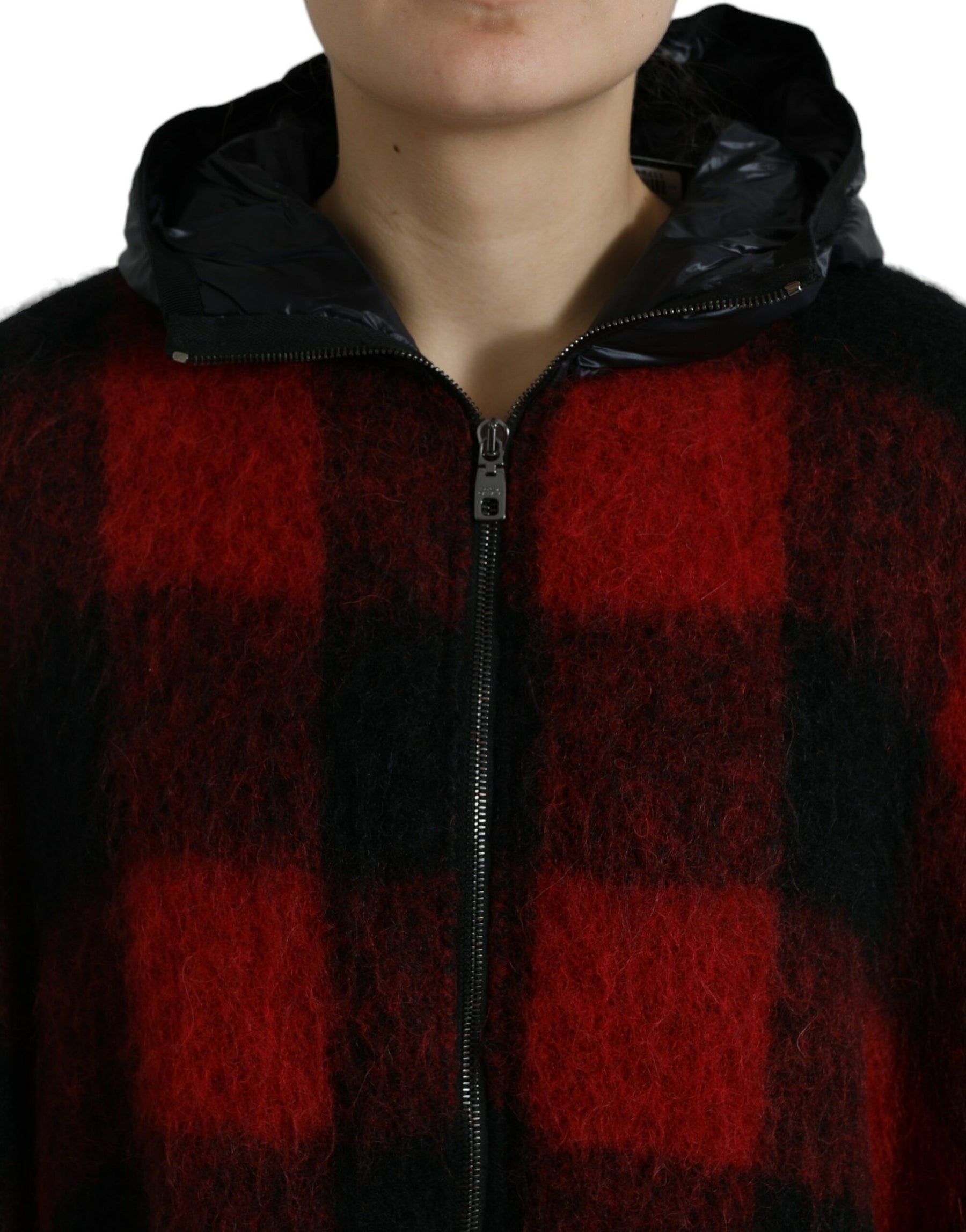 Dolce & Gabbana Schwarz Rot Büffelkaro Poncho Jacke mit Kapuze