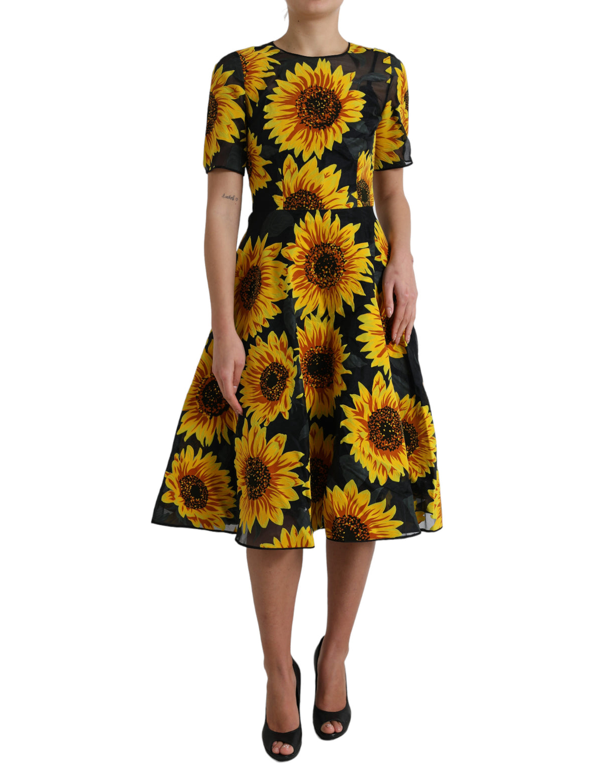 Dolce & Gabbana Schwarzes Midikleid mit Sonnenblumendruck aus Nylon in A-Linie