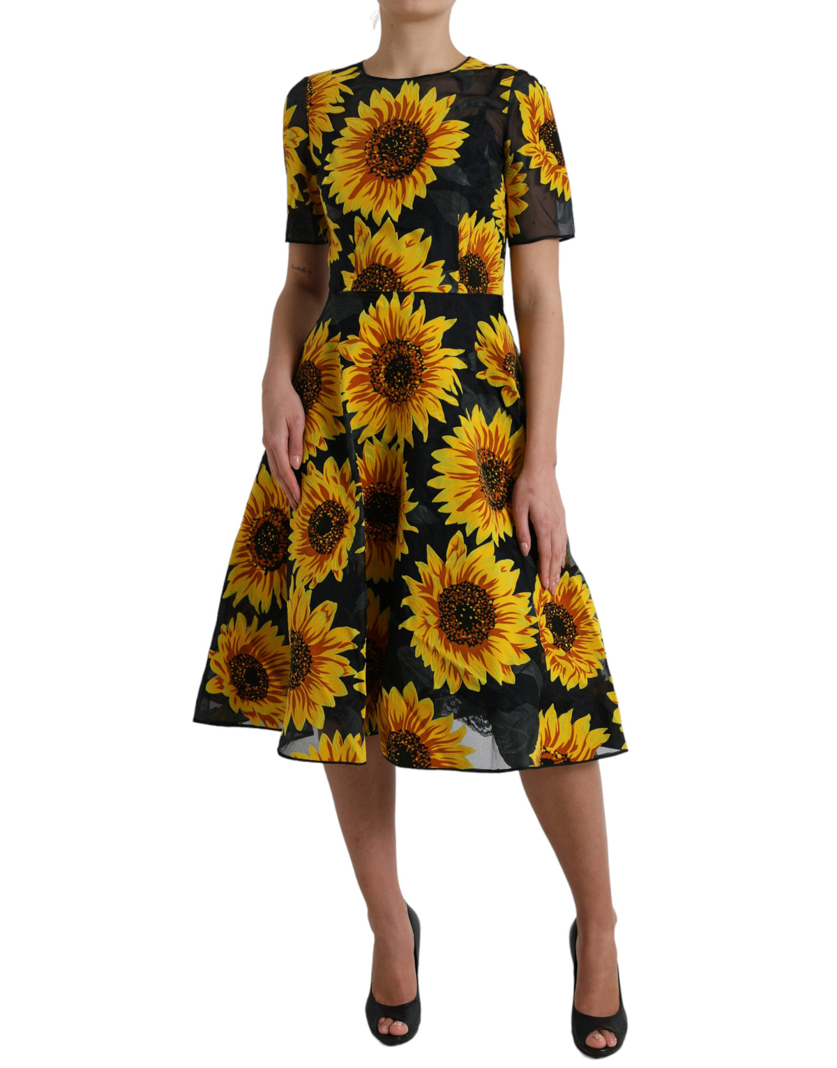 Dolce & Gabbana Schwarzes Midikleid mit Sonnenblumendruck aus Nylon in A-Linie