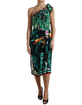 Dolce & Gabbana Grünes tropisches Dschungel Print One Shoulder Midikleid