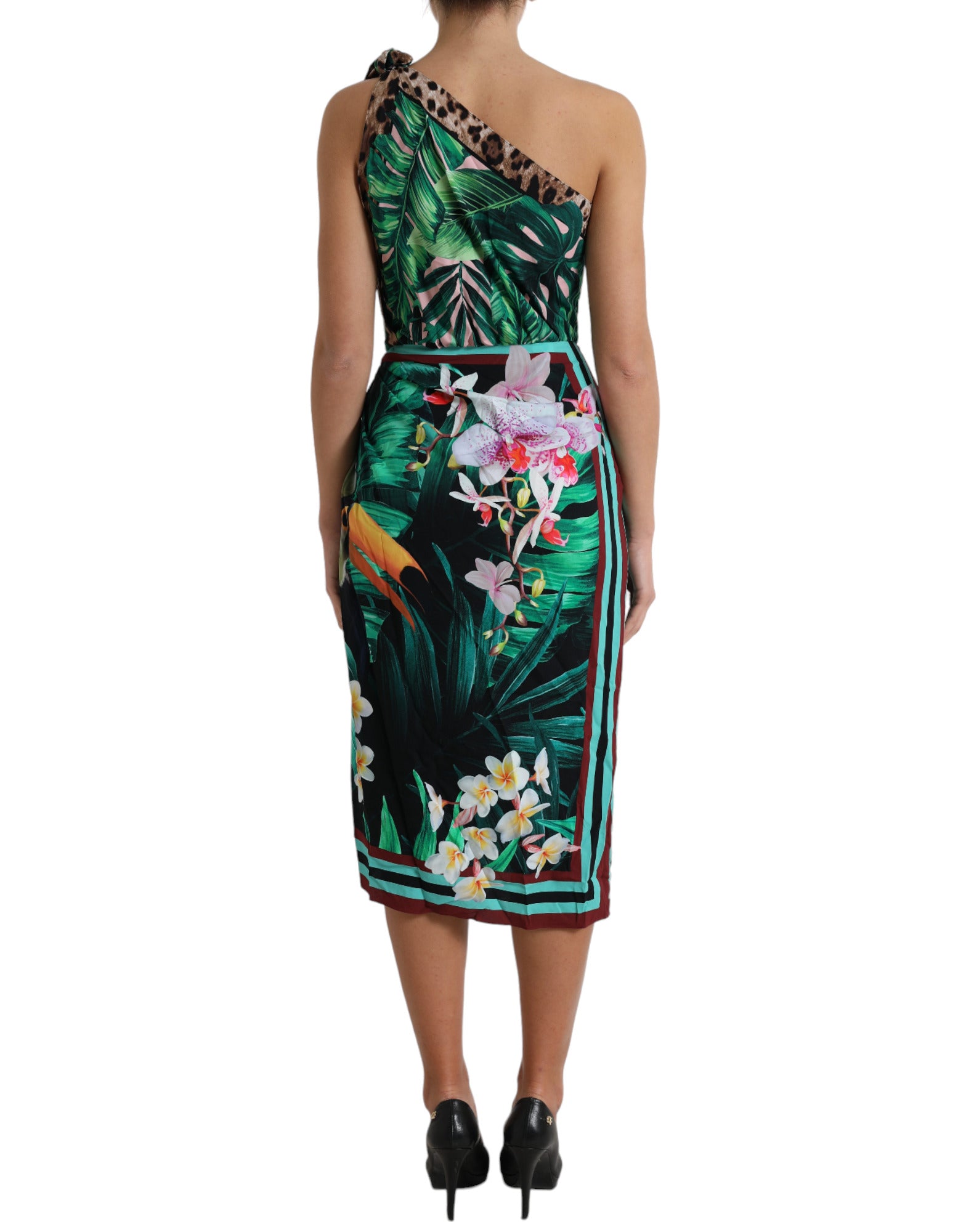 Dolce & Gabbana Grünes tropisches Dschungel Print One Shoulder Midikleid