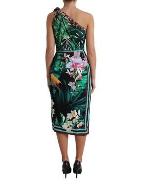 Dolce & Gabbana Grünes tropisches Dschungel Print One Shoulder Midikleid