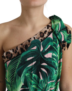 Dolce & Gabbana Grünes tropisches Dschungel Print One Shoulder Midikleid
